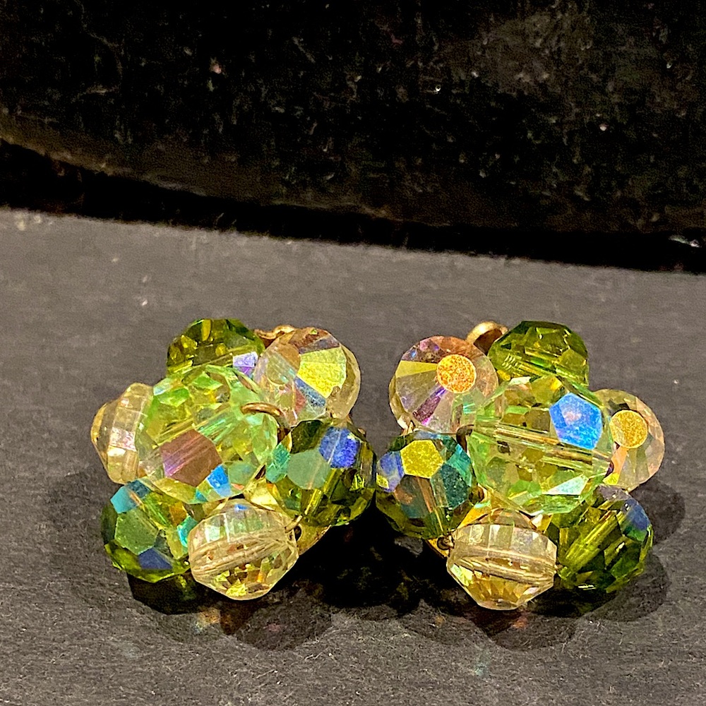 Beautiful Green Aurora Borealis Clip Earrings in Gold Tone